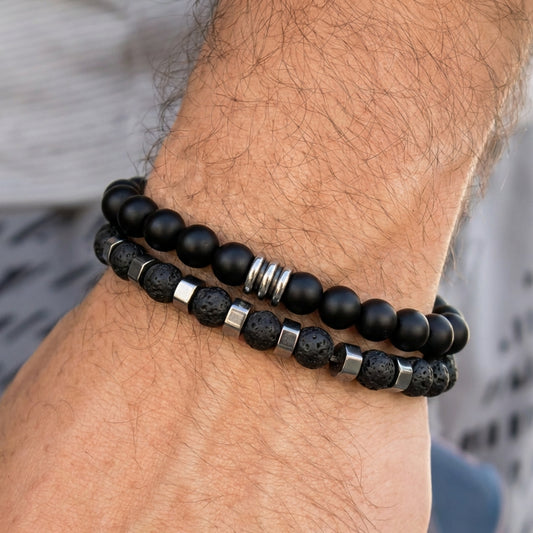 Мъжки гривни от Черен Оникс и Вулканичен Камък