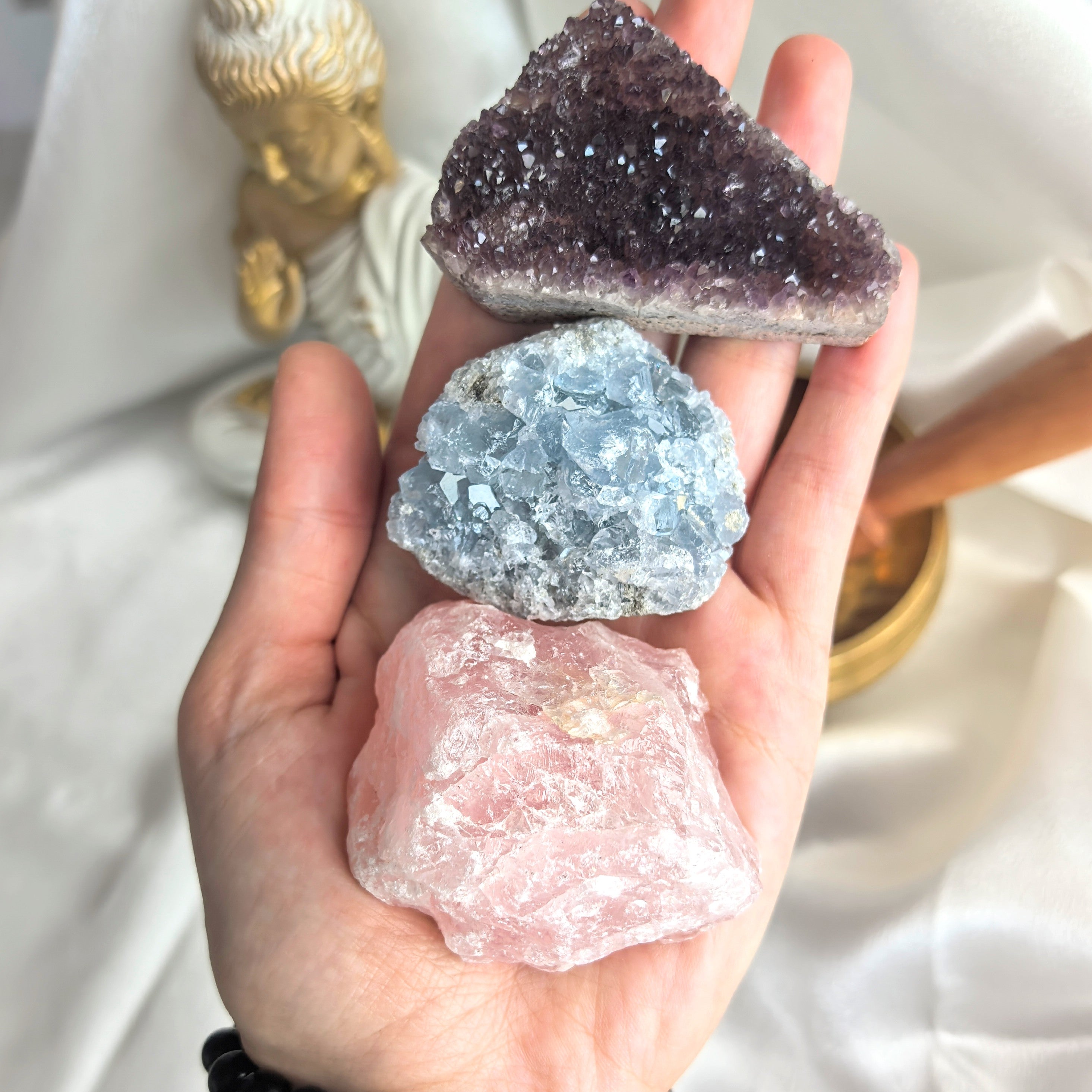 Кристали Хармония в Дома - Целестин, Аметист, Розов кварц