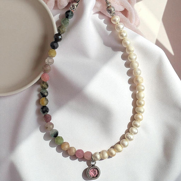 Гривна от Цветен Турмалин, Речни Перли и Цирконии